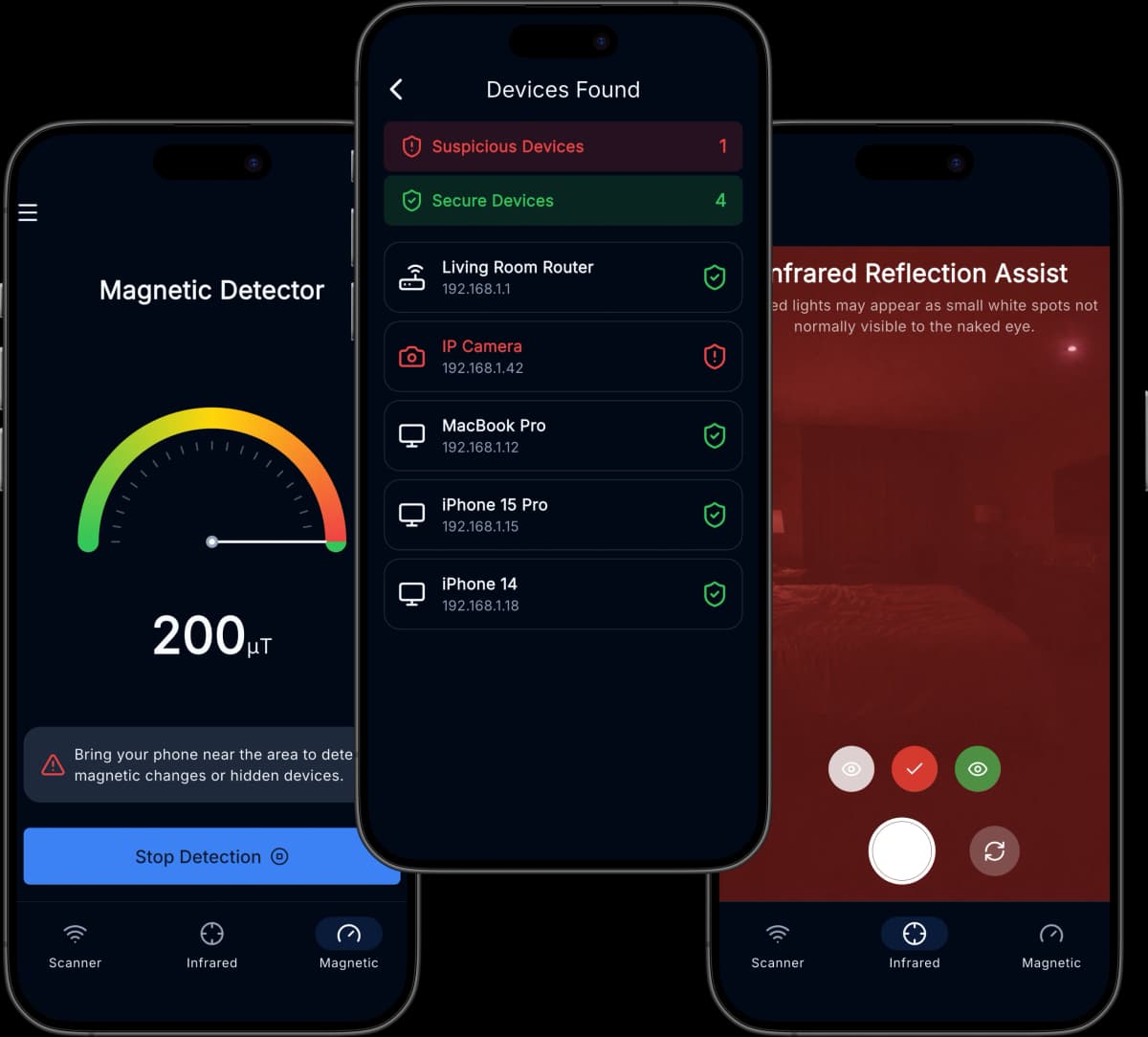 Application NSpy sur un iPhone affichant une analyse du réseau Wi-Fi avec un dispositif de caméra suspect signalé