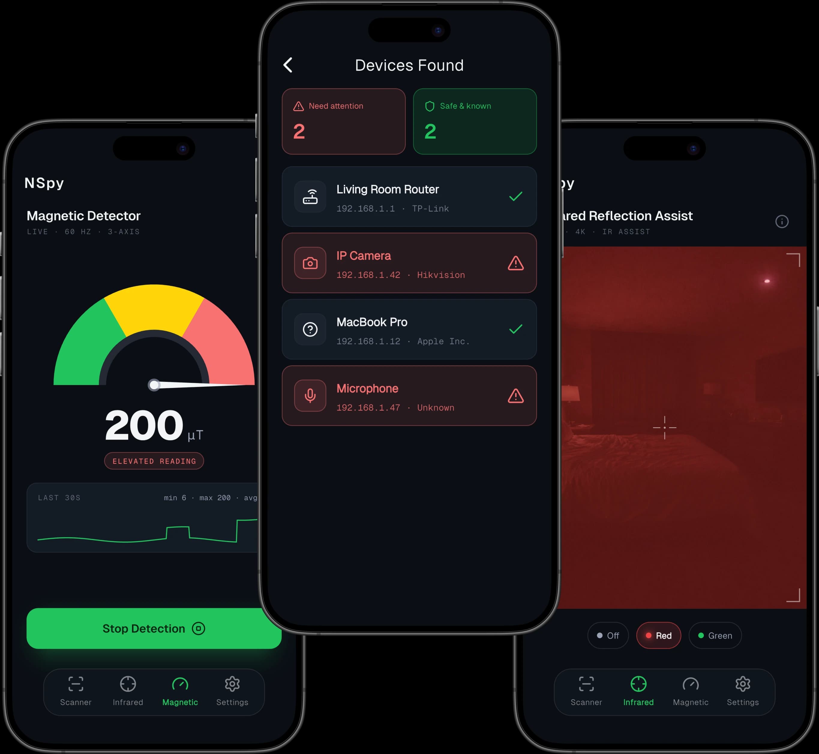 NSpy app on iPhone showing a Wi-Fi network scan with a suspicious camera device flagged